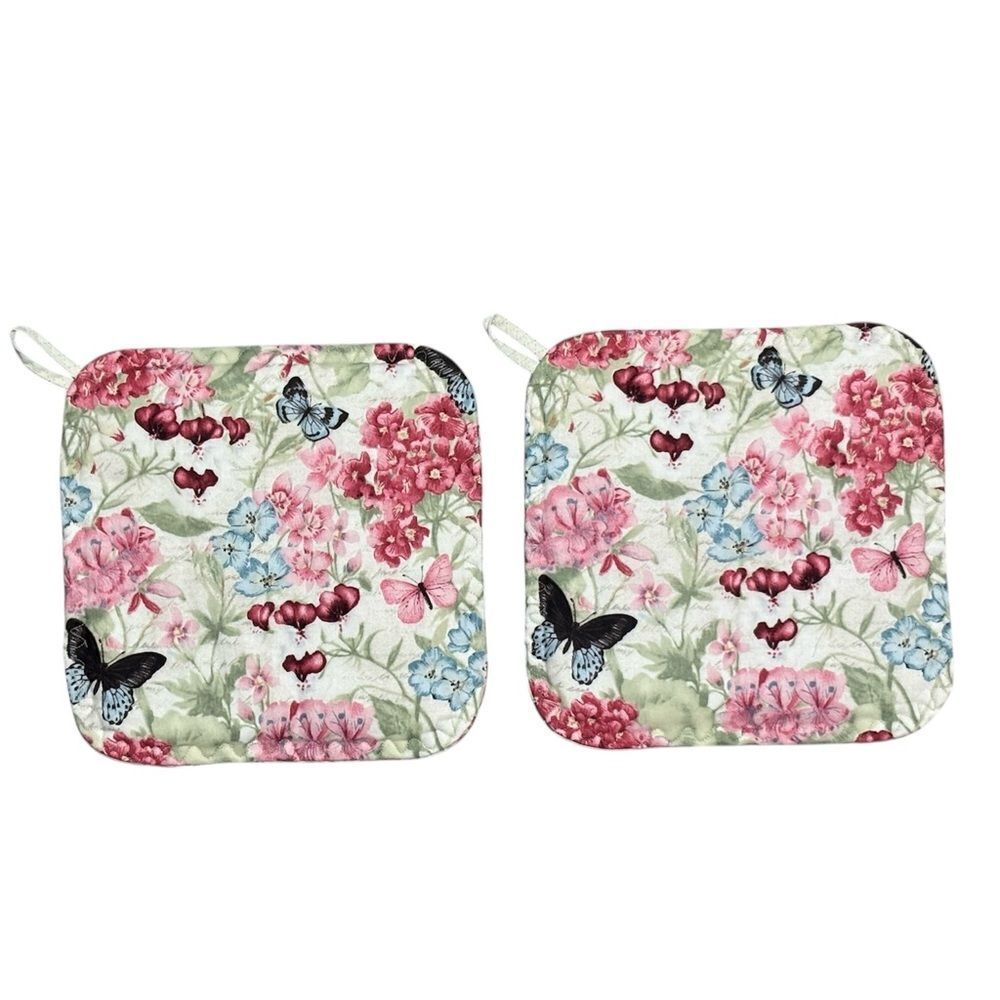 POTHOLDERS, Set of 2, Handmade, Butterflies & Flowers, cream, pink, blue, green